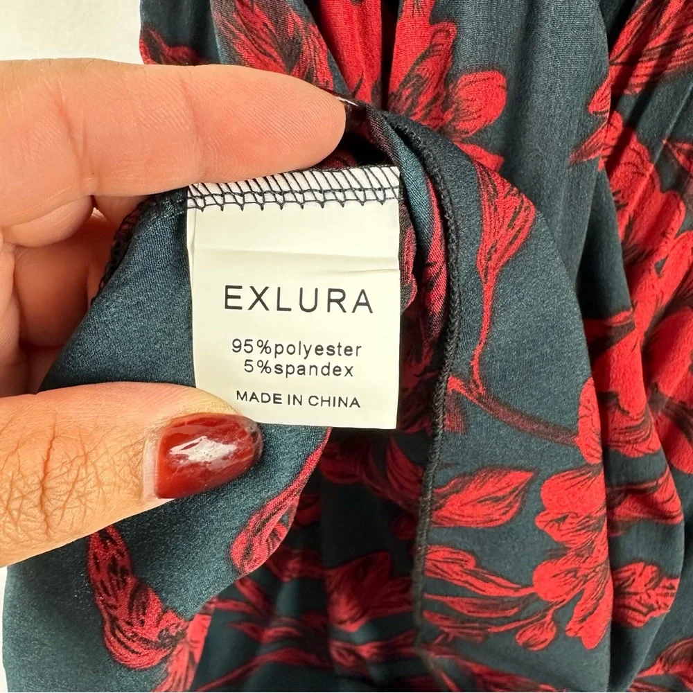 EXLURA Women Floral Pleated Flowy Side Pocket Midi Skirt Red Navy - Picture 11 of 15